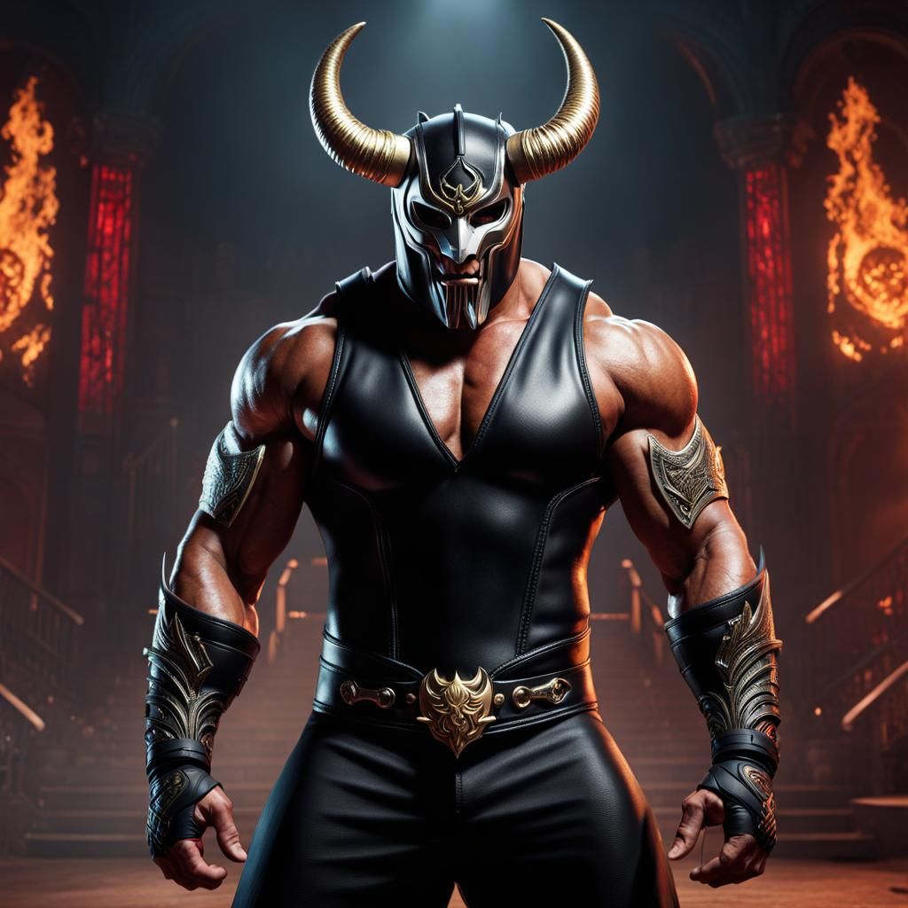 A muscular man dressed in black, wearing a demon wrestling mask with horns, tattoos, demon wrestler, superhero style, de...