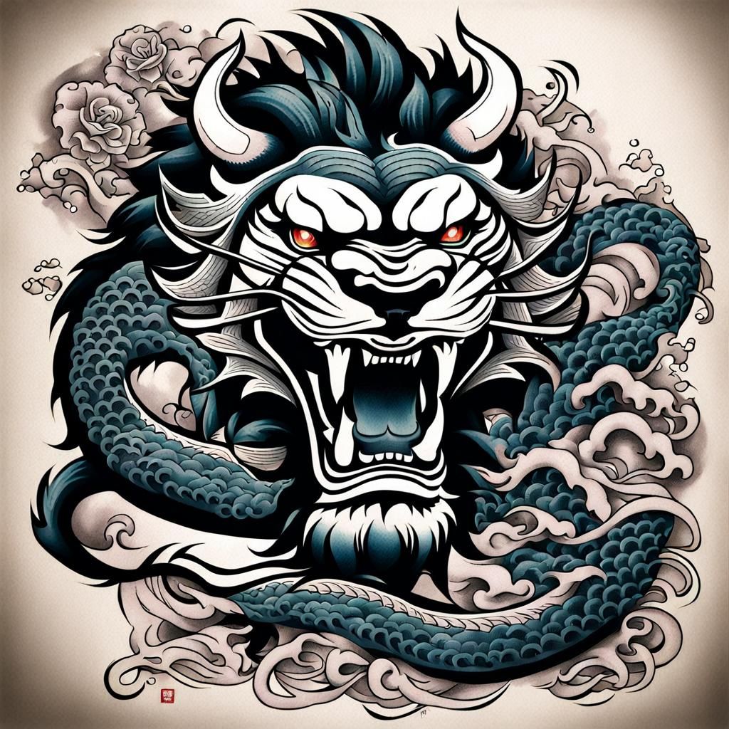 Japanese Lion Dragon Tattoo Design