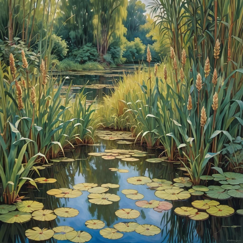 Bulrushes Pond in Gouache Impressionist Style