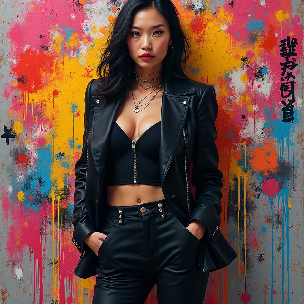 Lucy Liu in Vibrant Graffiti Scene with Street Art Elements