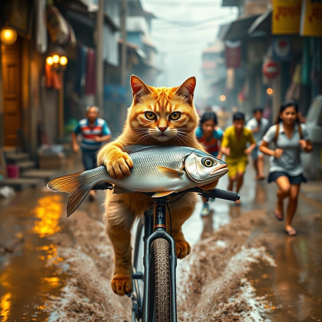 Ginger Cat Rides Bicycle Through Muddy Market Scene
