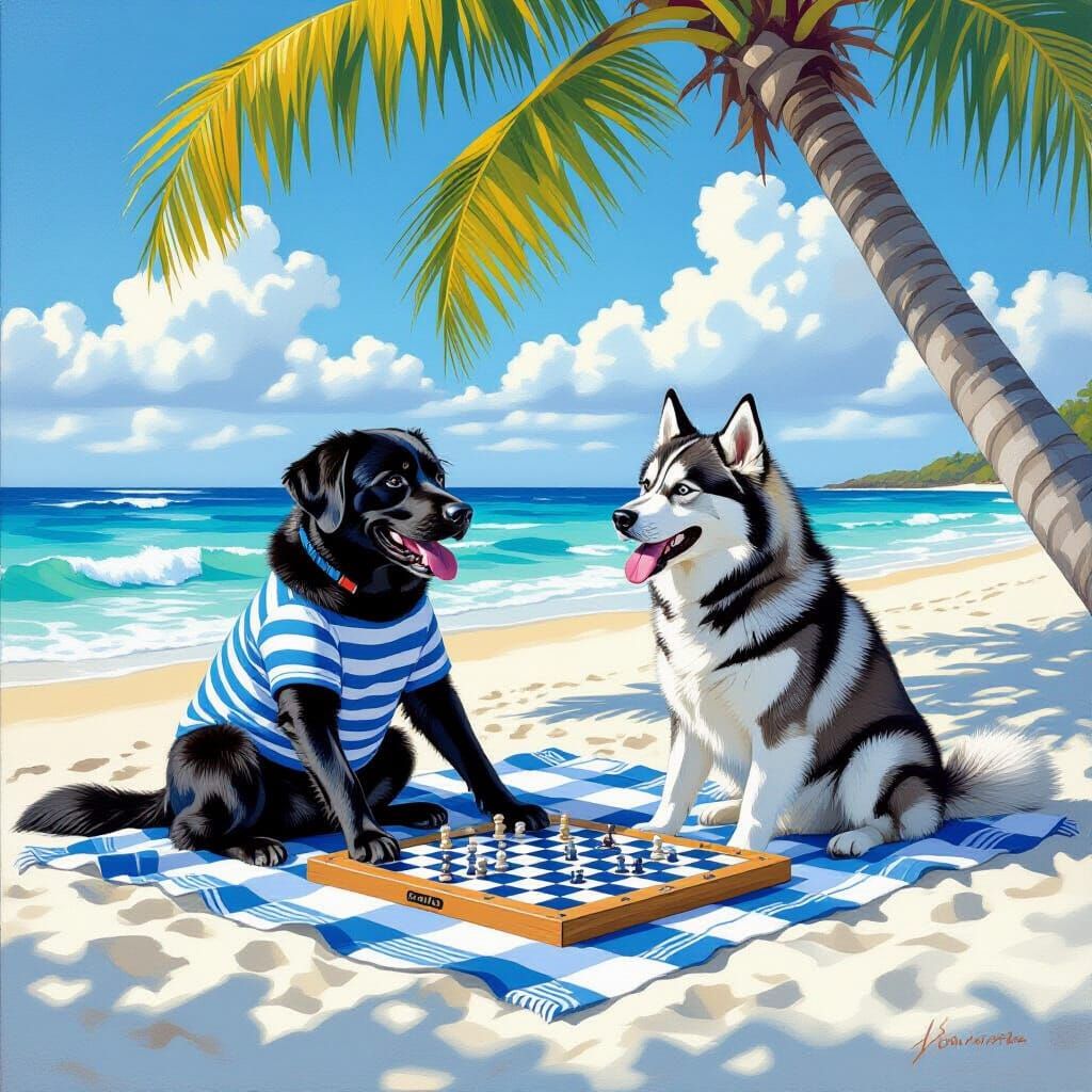 Labrador and Husky Play Checkers on Sunny Beach