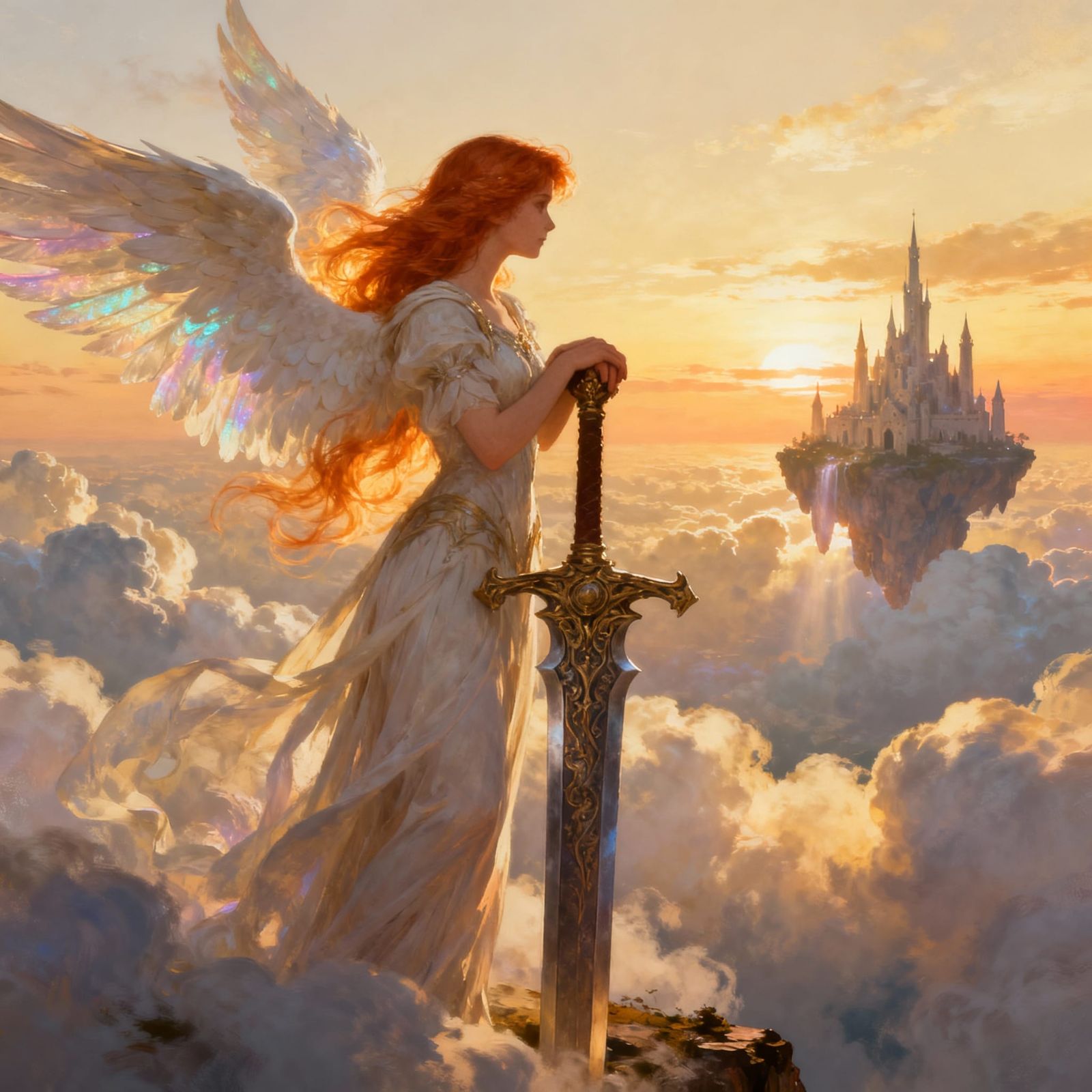Angel Sentinel Above Clouds at Sunset, Fantasy Art