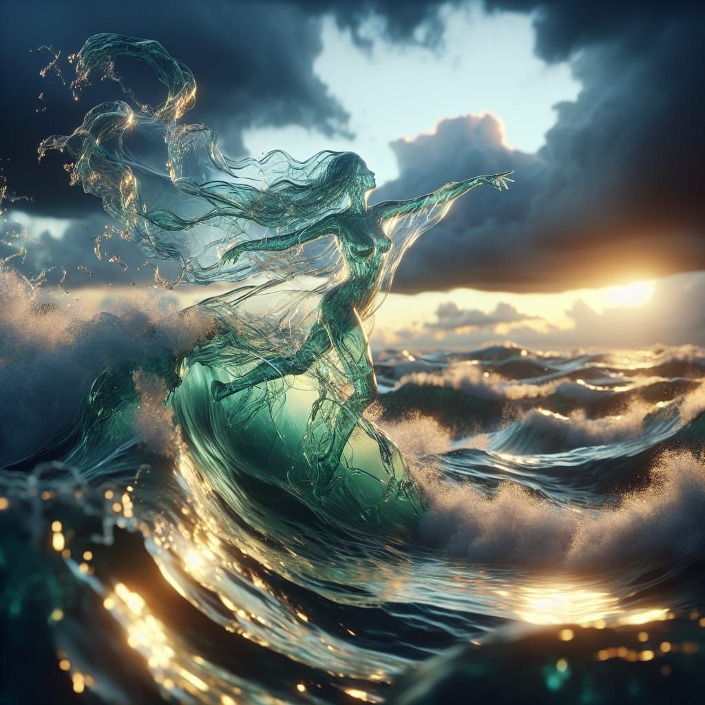 Dancing Wave Woman in Turbulent Ocean