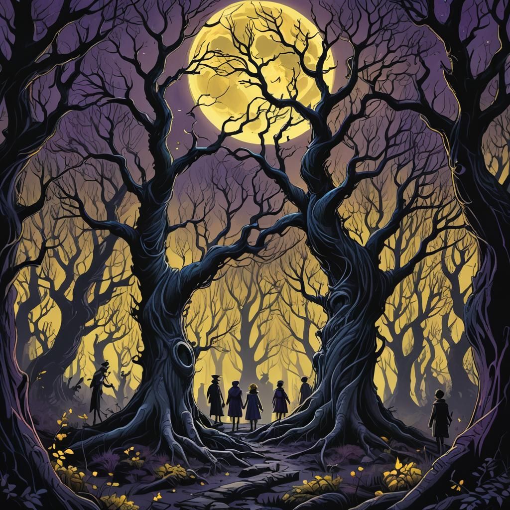 Cartoon Characters in Dark Forest Illustration