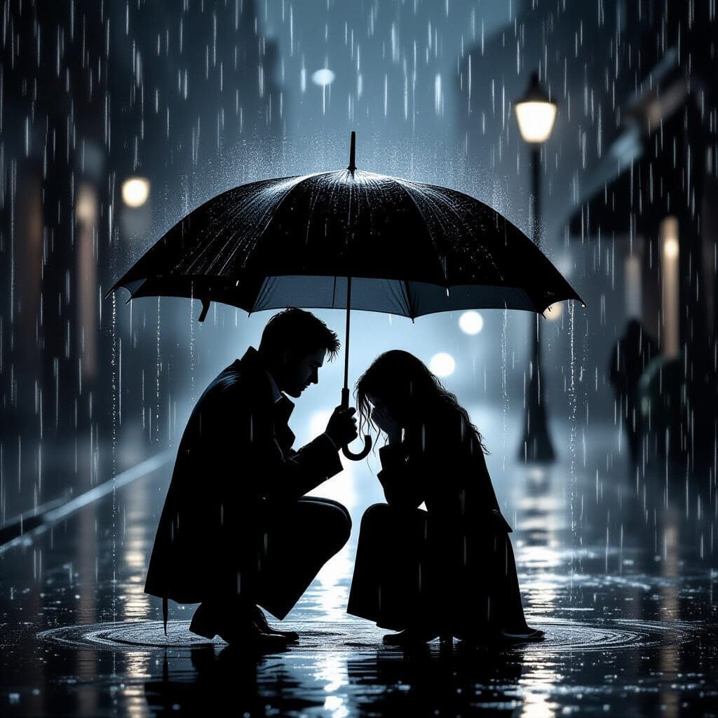 Man Shields Sobbing Woman from Rain in Dramatic Chiaroscuro ...