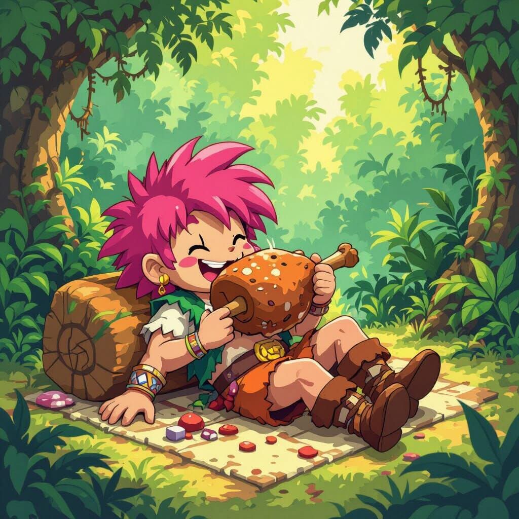 Tomba Lounging and Eating Mutton in Pixel Art Style