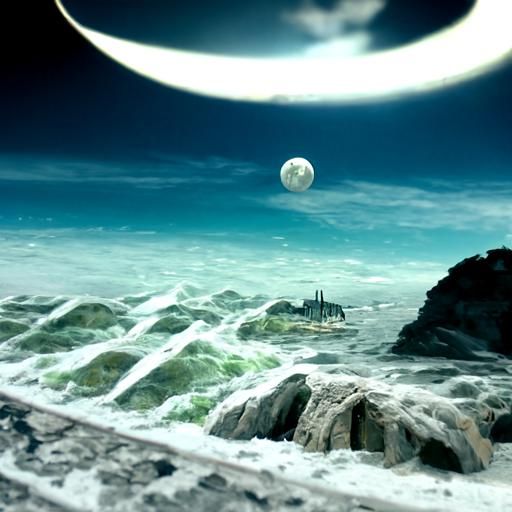 Surreal Moon Tied to Ocean Bottom: Matte Painting