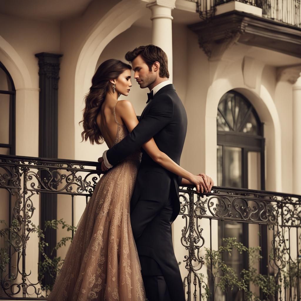 Couple in Loving Embrace on Balcony