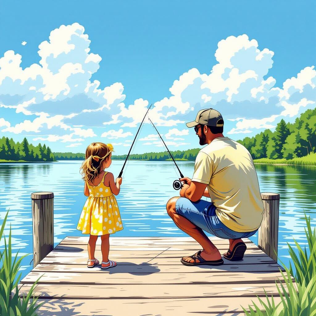 Father and Daughter Fishing: Hyper-Realistic Comic Book Styl...
