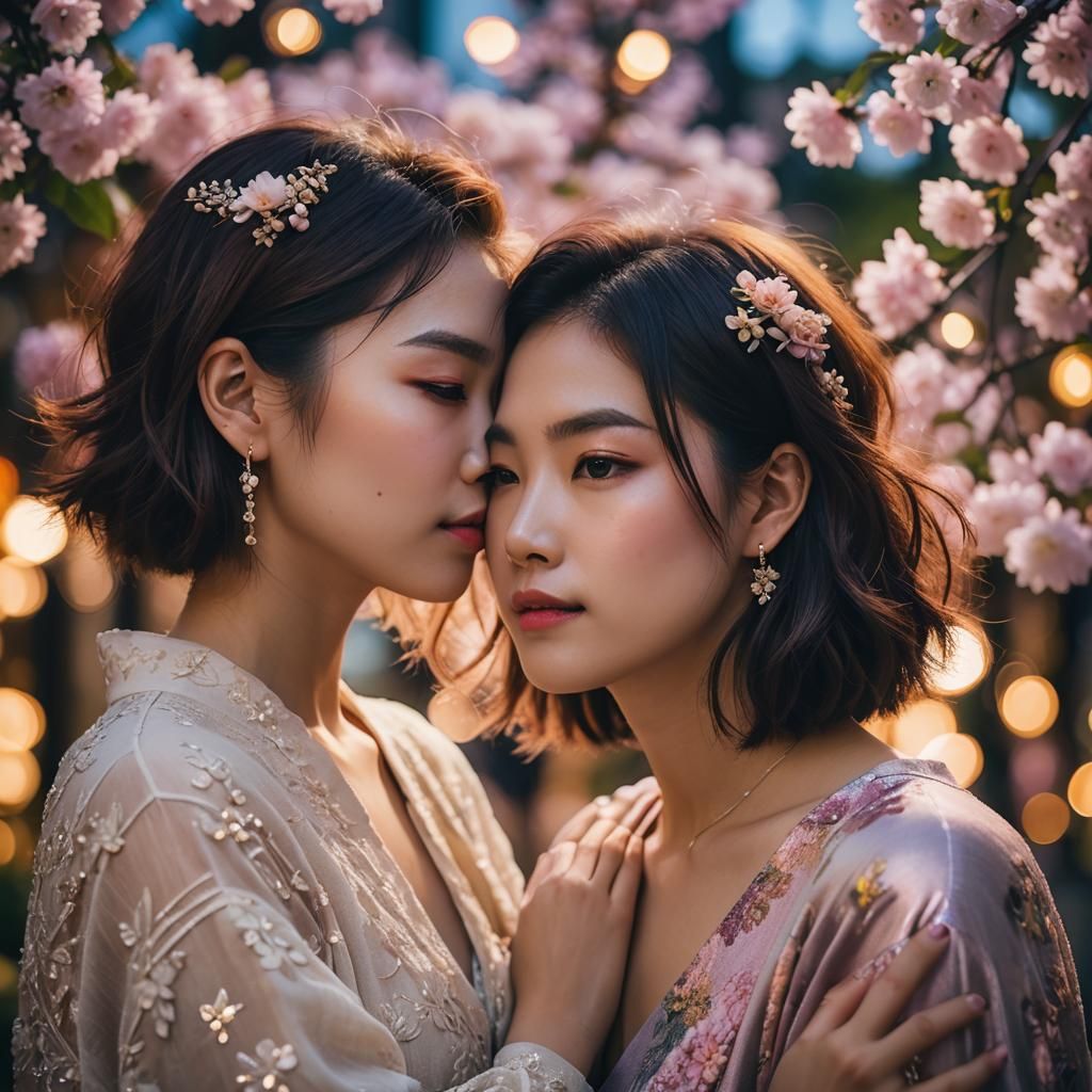 Tender Embrace in Tokyo: Digital Art Portrait