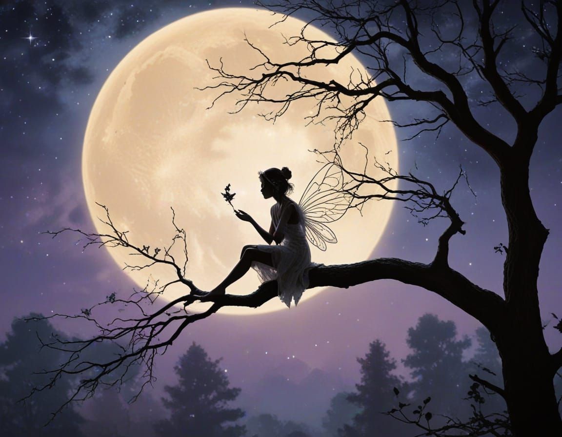 Dreamy Fairy on Branch in Moonlit Fantasy Art