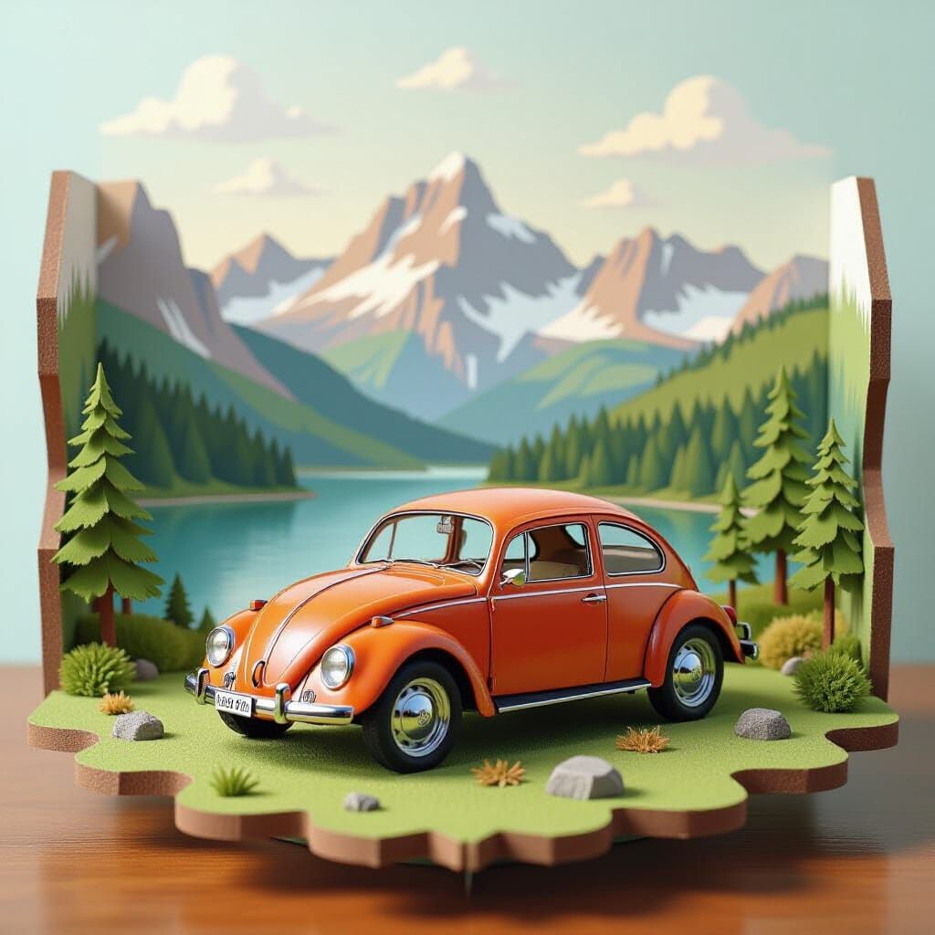 VW Beetle in Pop-Up Papercraft Mountain Scene