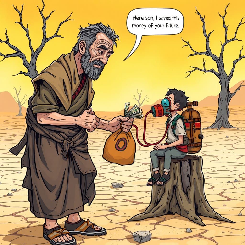 A cartoon-style illustration depicting a father giving a bag of money to his son in a barren, cracked, drought-stricken ...