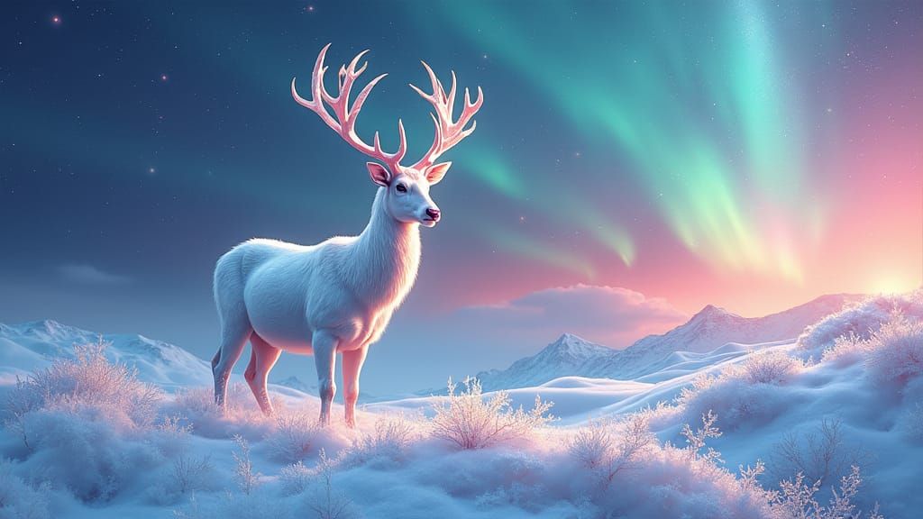 Albino Stag in Iridescent Landscape, Holographic Astral Artw...