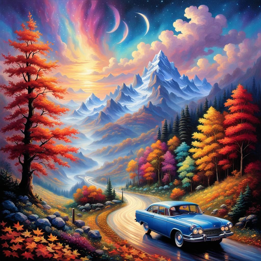 Ethereal Road Trip with Dog Under Starry Sky