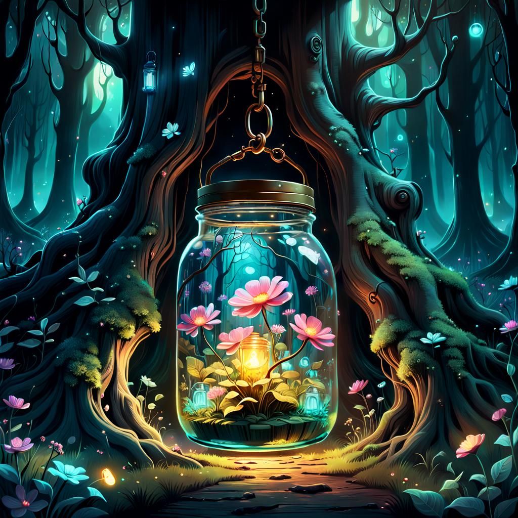 Magical Flowers in Jar, Surreal Forest Scene