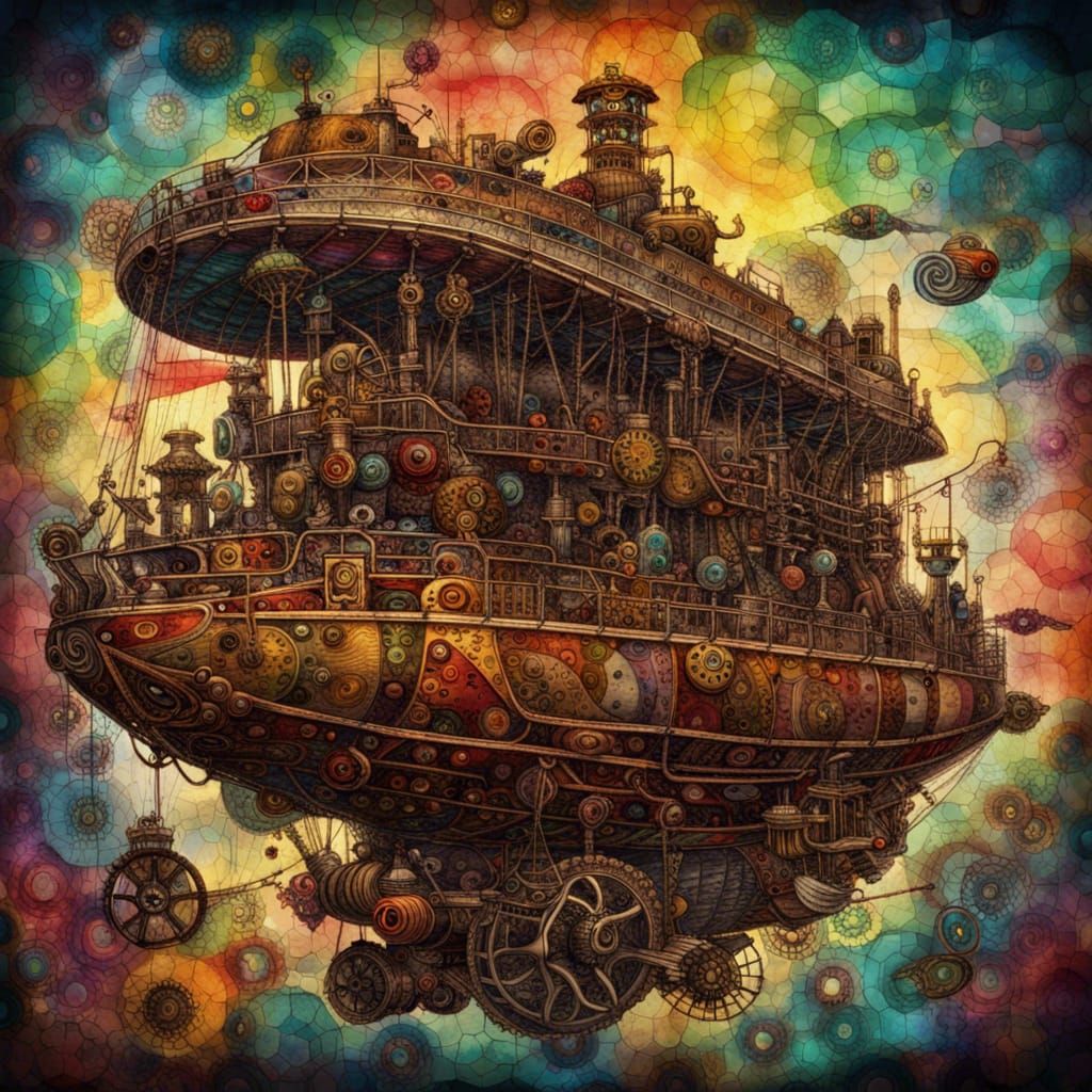 Steampunk Airship with Zombies in Geometric Ink Painting