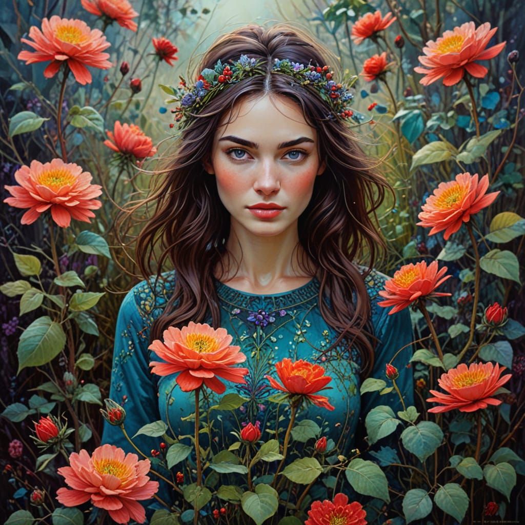 Whimsical Winter Garden Scene in Impressionist Style