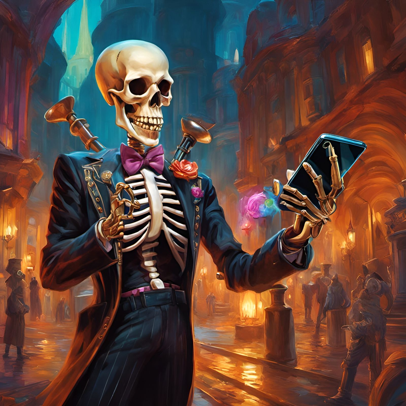 Humorous Skeleton Captures Selfie in Vibrant Oil Painting