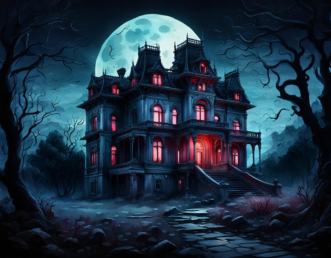 Gothic Mansion Watercolor Under Blood Moon