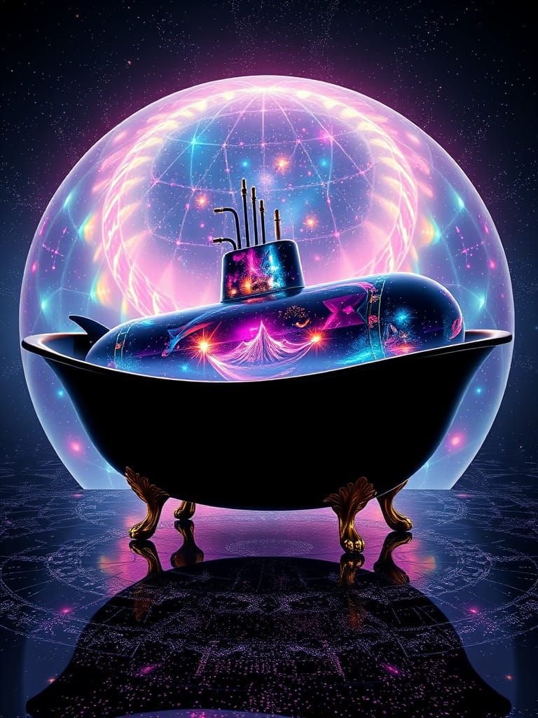Neon Submarine in Bathtub with Celestial Display