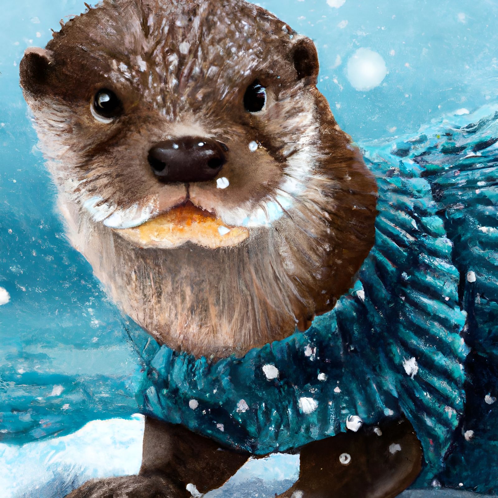 Otter in Turquoise Sweater in Snow Painting