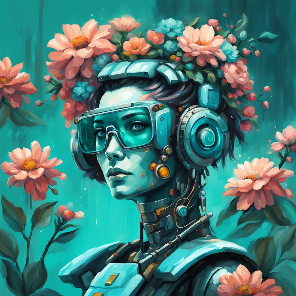 Cyberpunk Robot with Flowers, Oil Painting