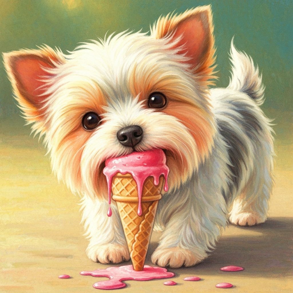 Fluffy Yorkshire Terrier Enjoys Melting Ice Cream in Whimsic...