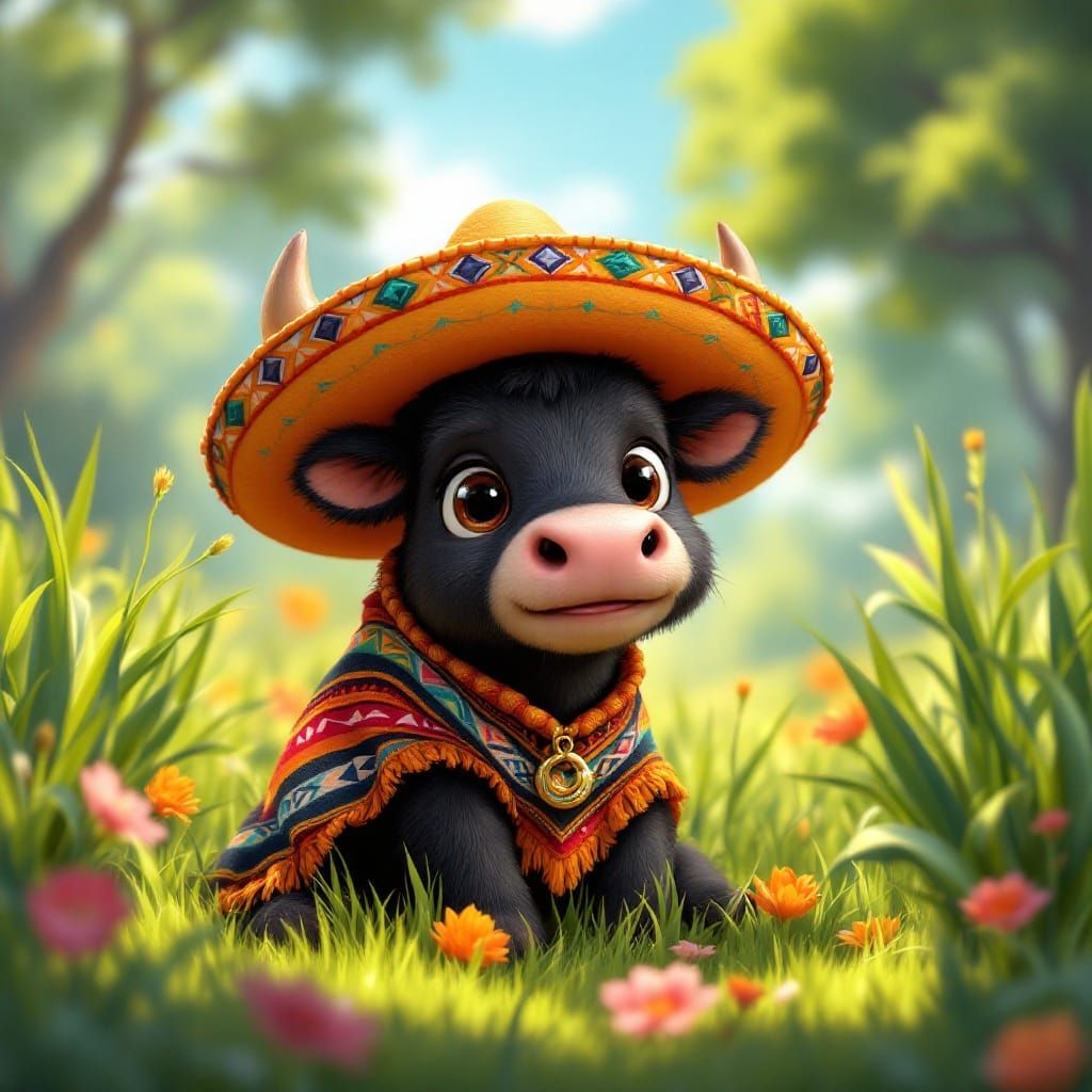 Cartoon Black Bull in Pasture: 3D Anime Art