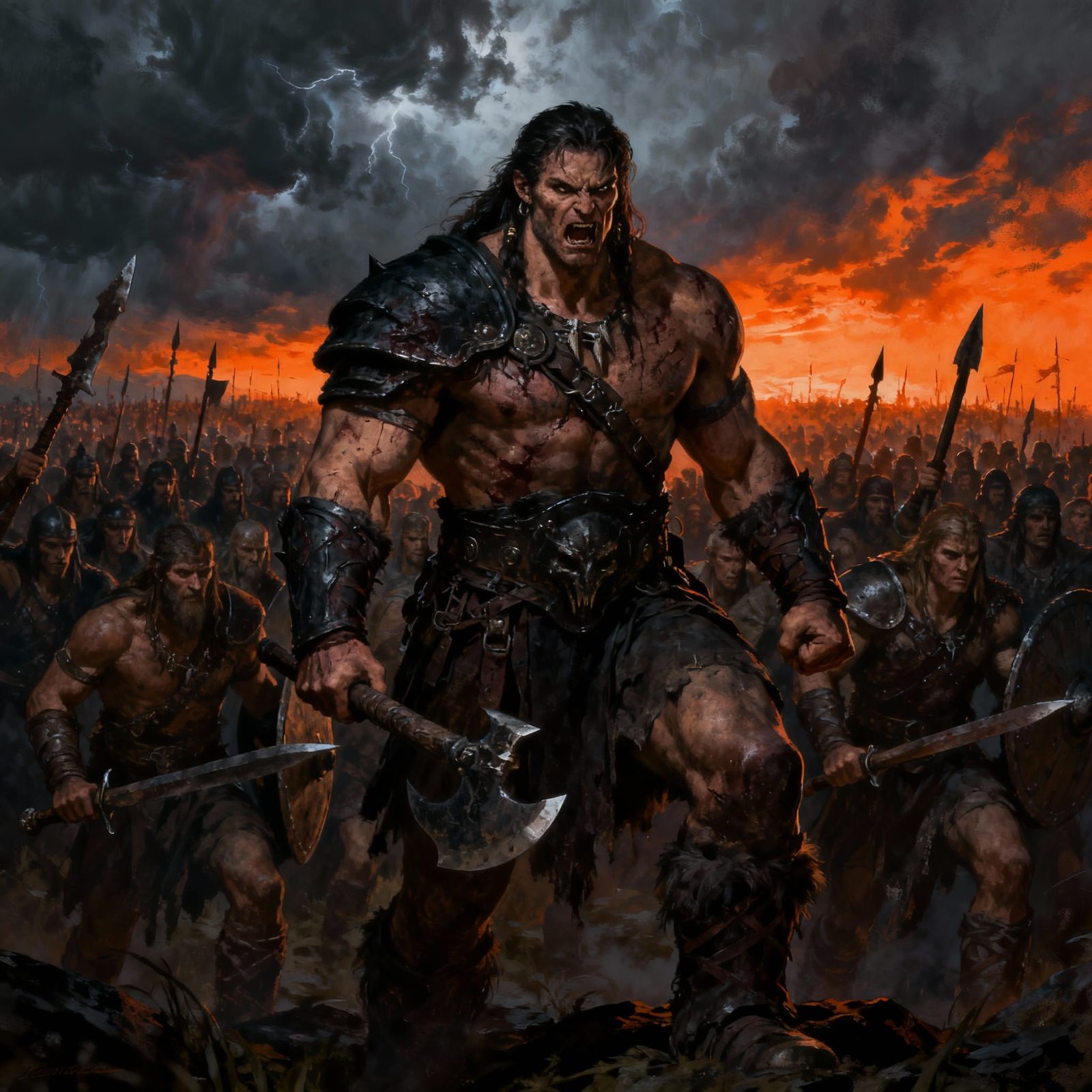 Barbarian Warlord Leads Army into Battle - Dark Fantasy Art