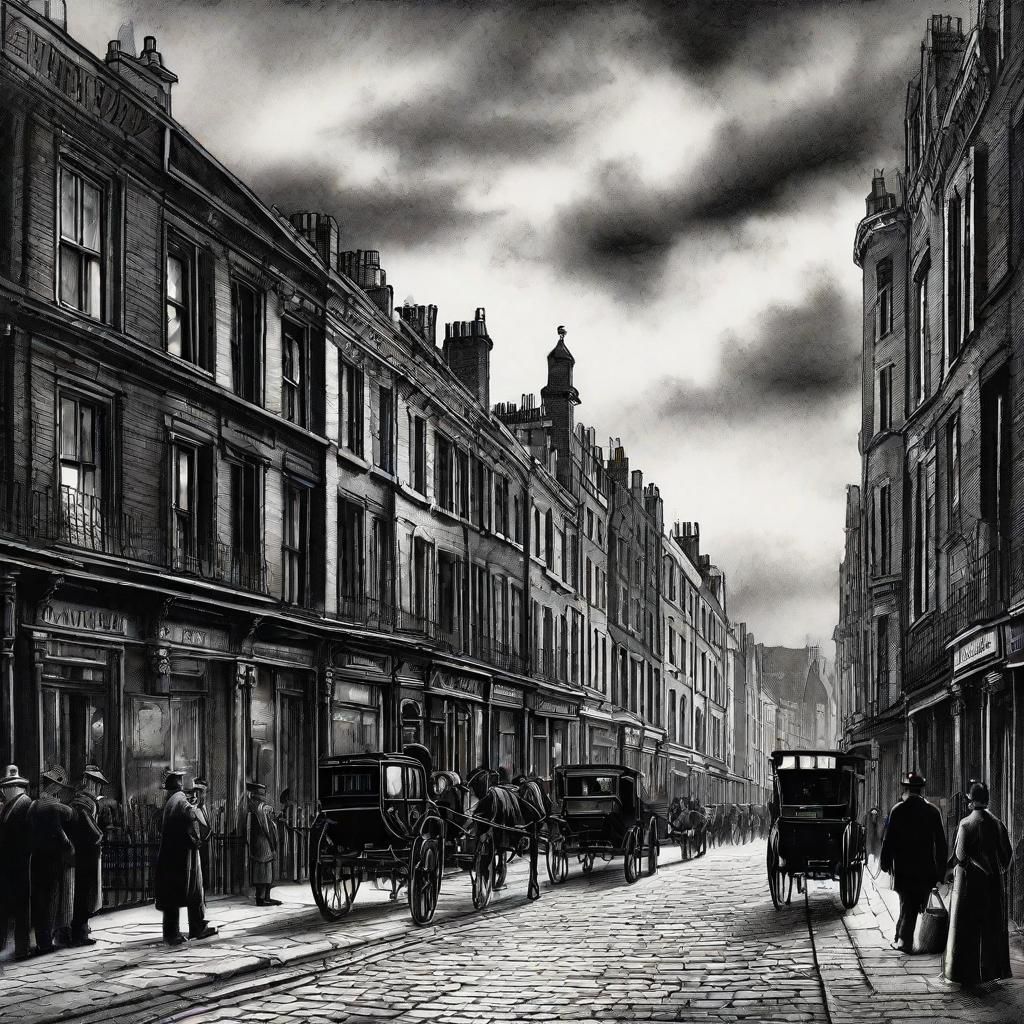 Elegant Victorian London Street Scene in Charcoal