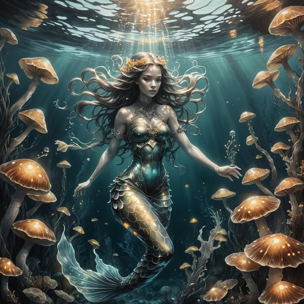 Glowing Glass Mermaid in Charcoal Style