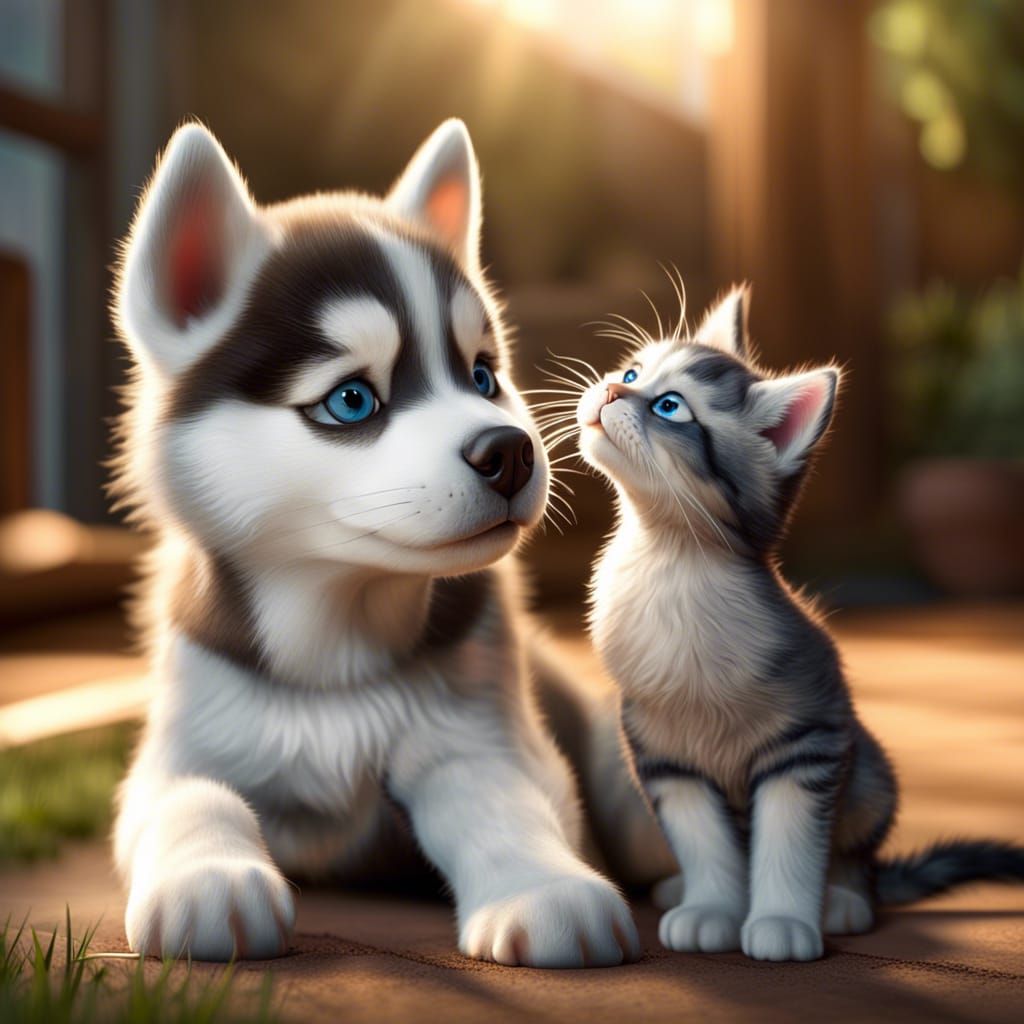 Adorable cute Siberian husky puppy and kitty playing v.3