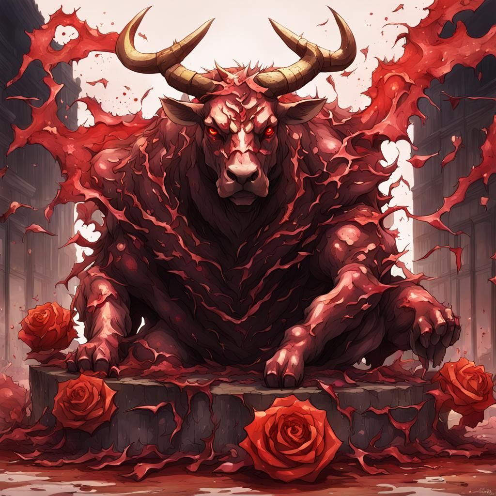 Burning Copper Bull Statue in Anime Style