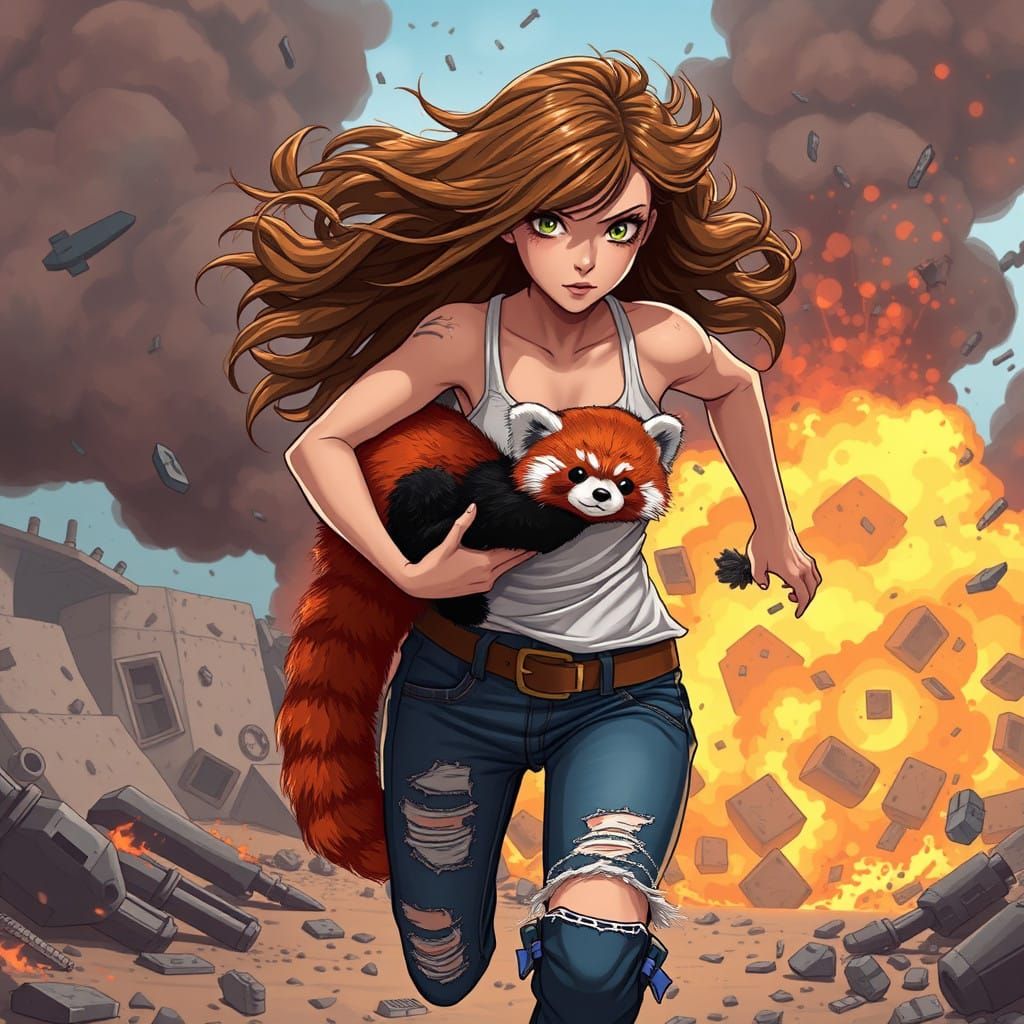 Girl Runs from Explosion with Cute Red Panda in Cyberpunk-In...