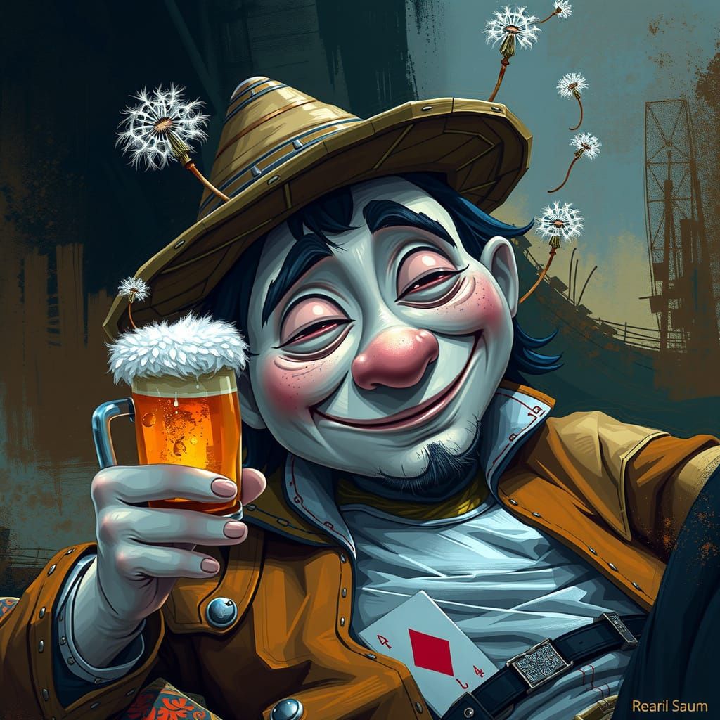 Whimsical Face Lounging with Beer, Abstract Expressionism