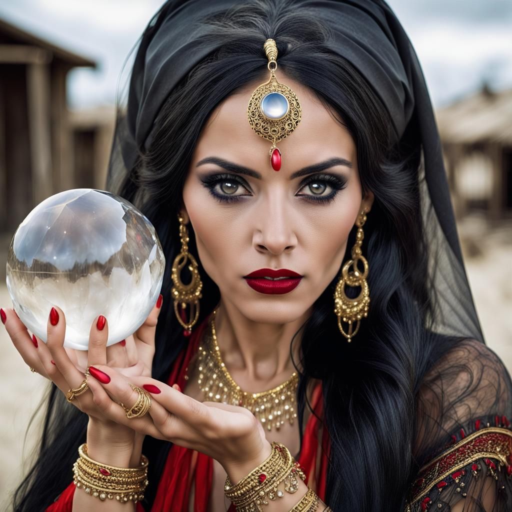 Sinister Gypsy Woman with Crystal Ball in Digital Art