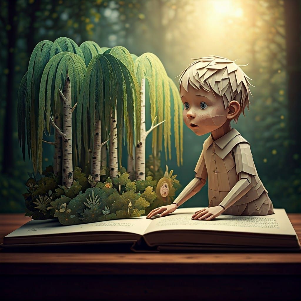 Kirigami Child and Pop-up Forest in Hyperrealistic Photo