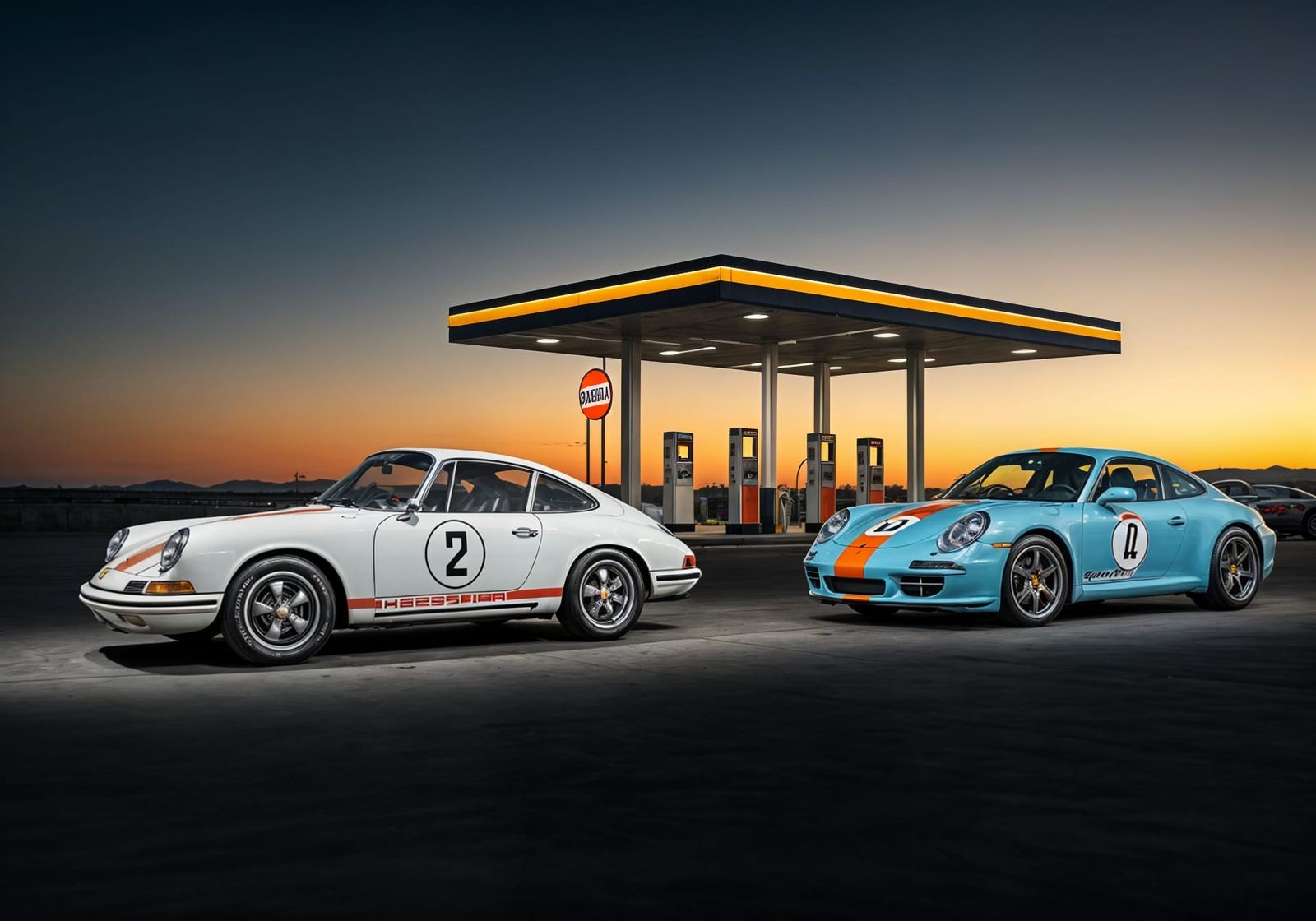 Vintage and Modern Porsches at Sunset, Syd Mead Style