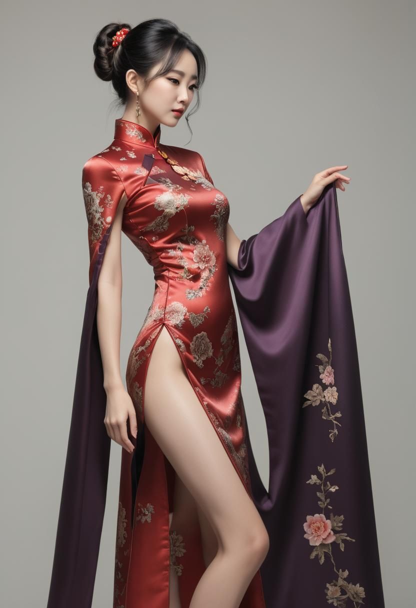 Chinese Woman in Silk Qipao Dress