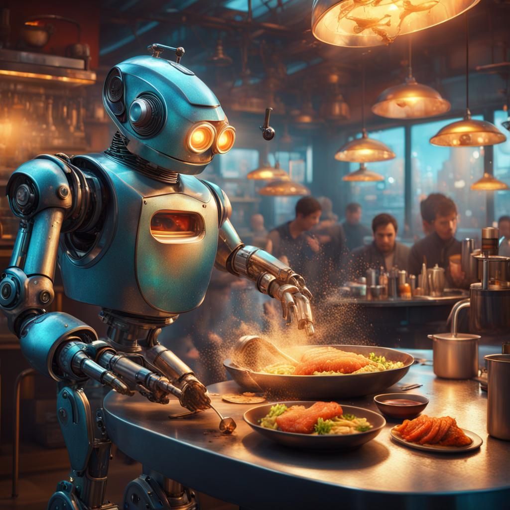 Robot Chef Frying Fish: Hyperrealistic Splash Art