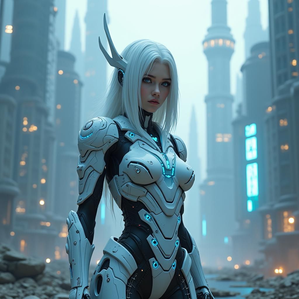 Cyborg in Gothic Cityscape: Neo-Noir Cyberpunk Art