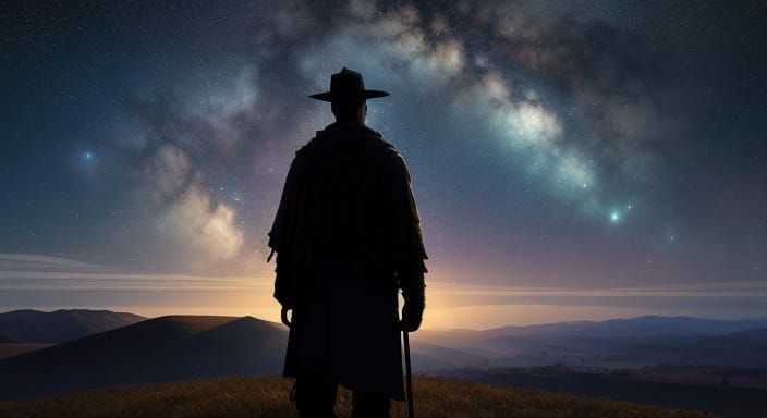 Farmer Gazing at Cosmic Sky in Golden Hour