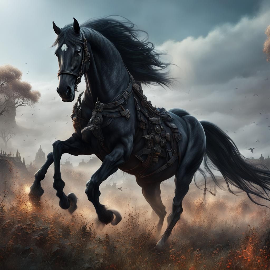 Black Horse on War Field: Detailed Matte Painting
