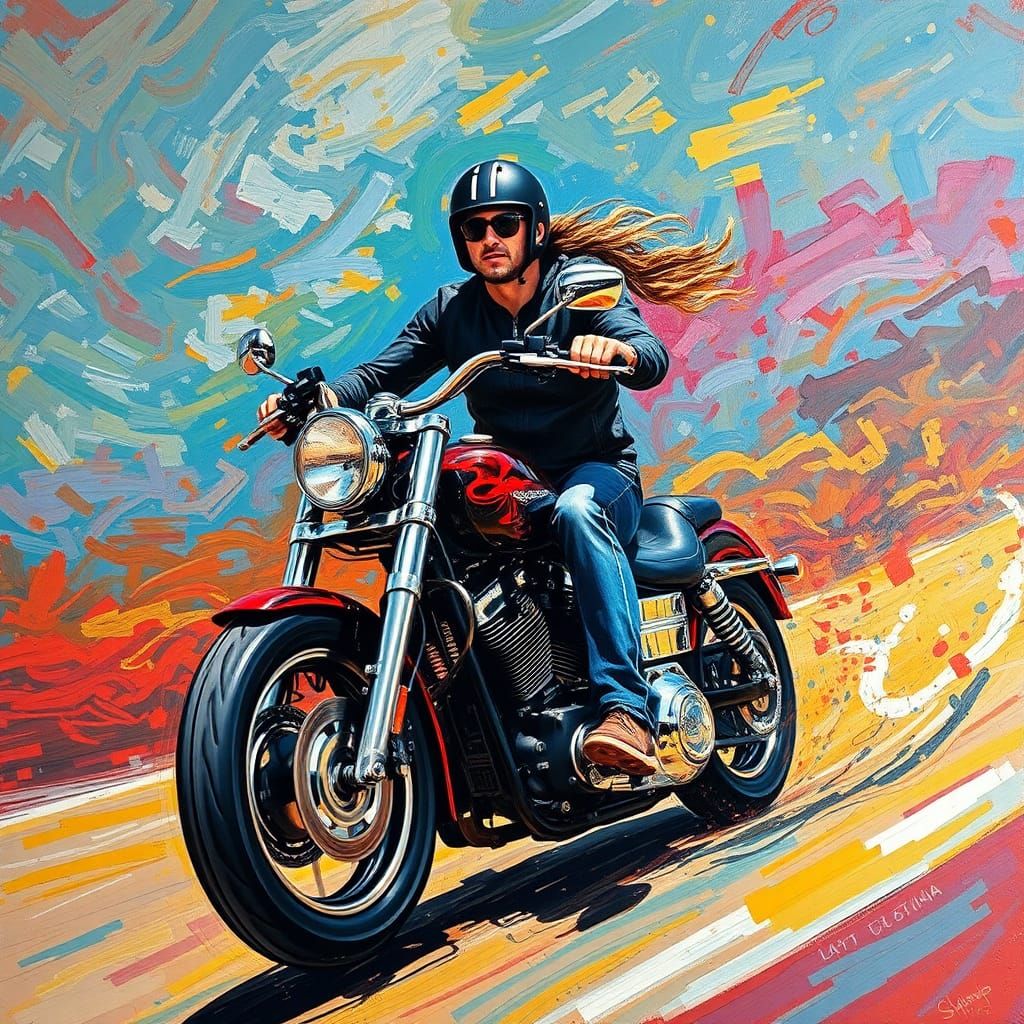 Motorcycle Rider in Vibrant Impasto Abstract Art