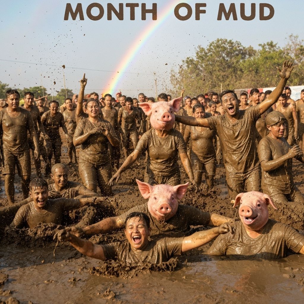 Joyful Mud Festivity with Pig Heads and Rainbow