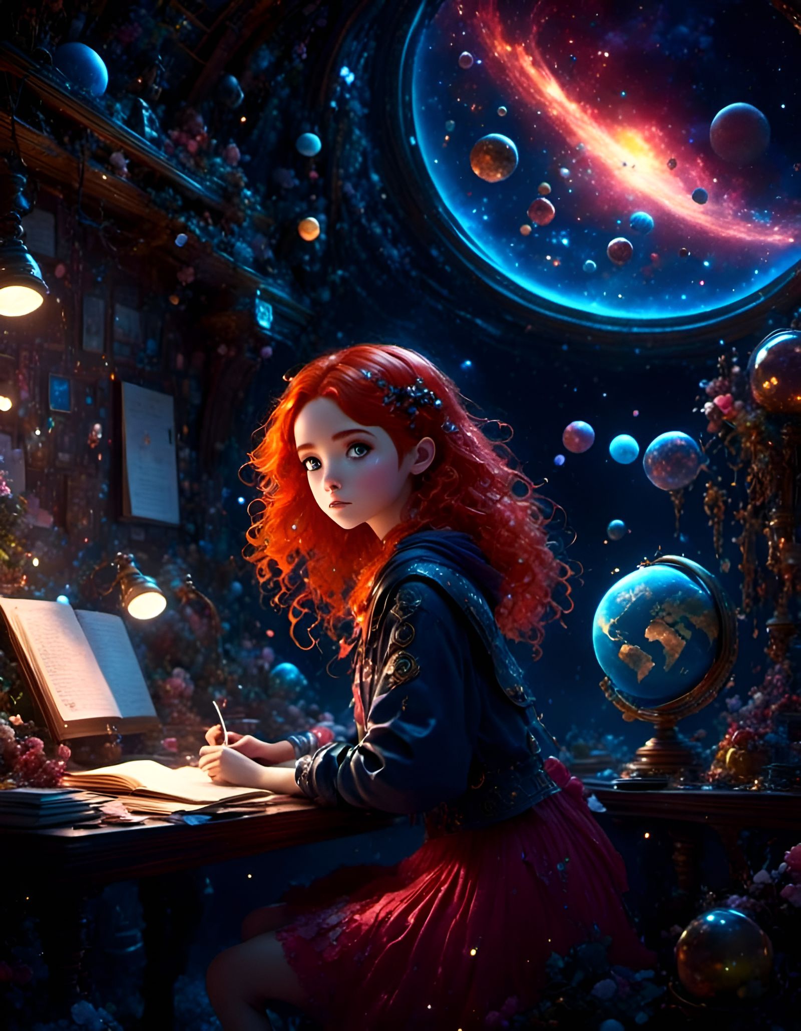 Girl Reads Physics Amidst Nebulae in Pixar Style