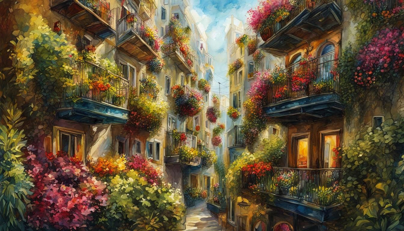 Vibrant Urban Hanging Gardens Digital Illustration