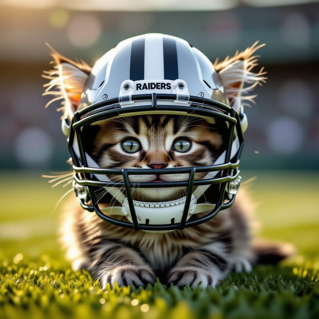 Fluffy Kitten in Oakland Raiders Helmet: Digital Art